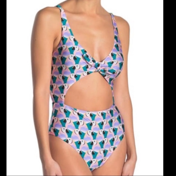 Red Carter Tie Front Keyhole Parrot Print Swimsuit - Picture 1 of 3